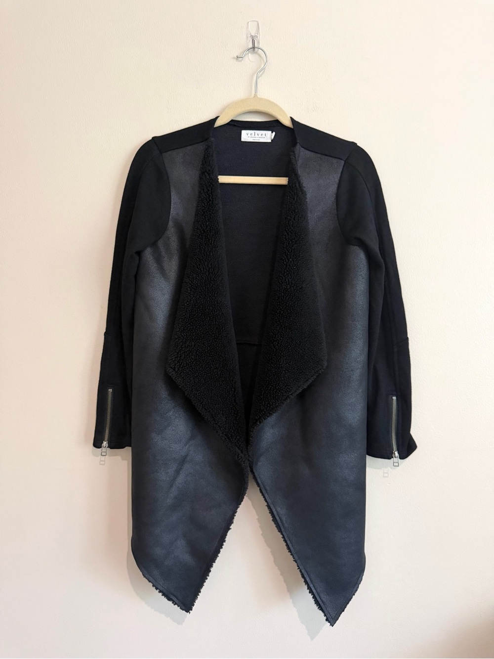 Velvet by Graham & Spencer Black Drape Faux Shearling Knit Open Front Jacket M - Picture 3 of 12